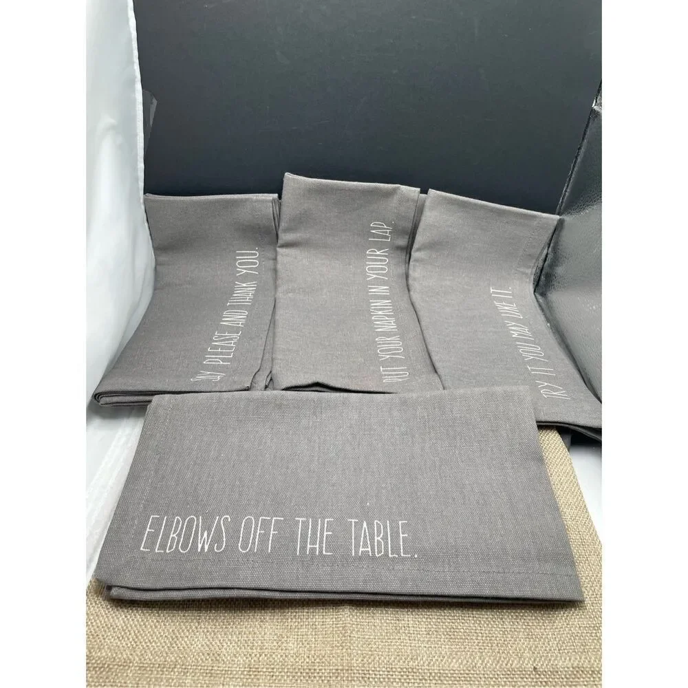 World Market Dinner Napkin Set Gray with Manners Wording 100% Cotton